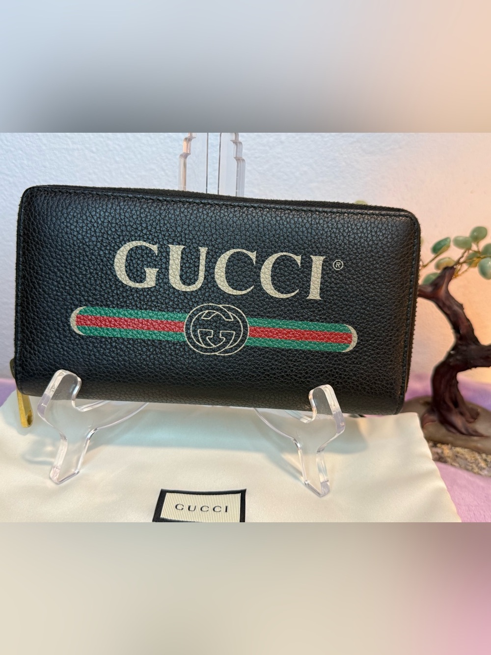 Gucci Print Zip Around Wallet – Black Leather – With Box & Dust Bag